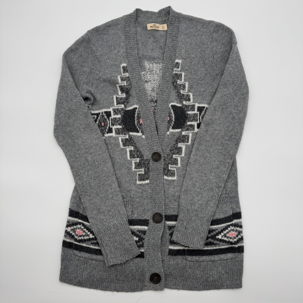 Hollister Gray Southwestern Geometric Y2K Button Front Cardigan Sweater XS